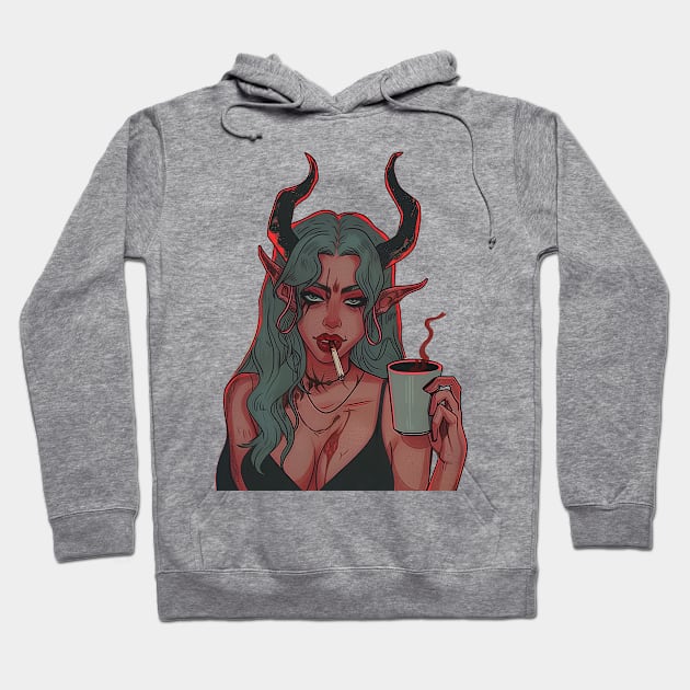 Devil Girl Smoking Cigarette and Coffee Hoodie by Vlaa